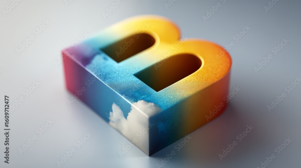 Poster a colorful 3d letter that combines vivid hues with a cloud pattern, ideal for design projects.