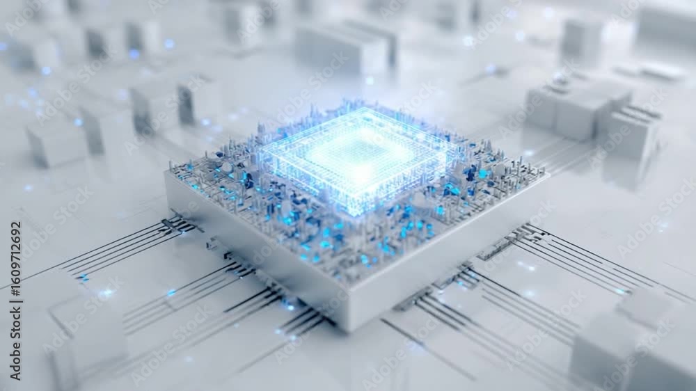 Poster futuristic circuit board: a cutting-edge computer processor radiates a cool, futuristic blue glow ag