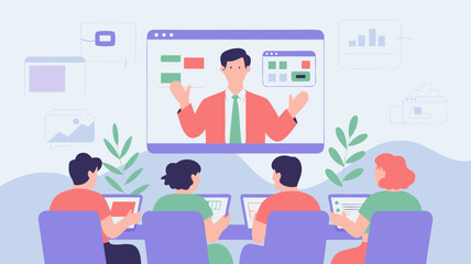 Vector SVG Illustration of Business Meeting Scene with People and Video Conference Style Flat Design