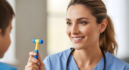 Smiling healthcare professional in blue uniform holding a medical hammer looking at a young patient in a bright room. Healthcare concept.