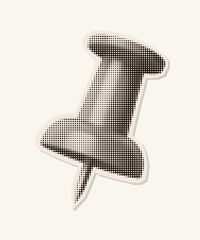 Retro halftone illustration of a push pin. Vintage magazine cutout style. Photocopy texture. Perfect for school projects, office designs, scrapbooking elements, mixed media collages.
