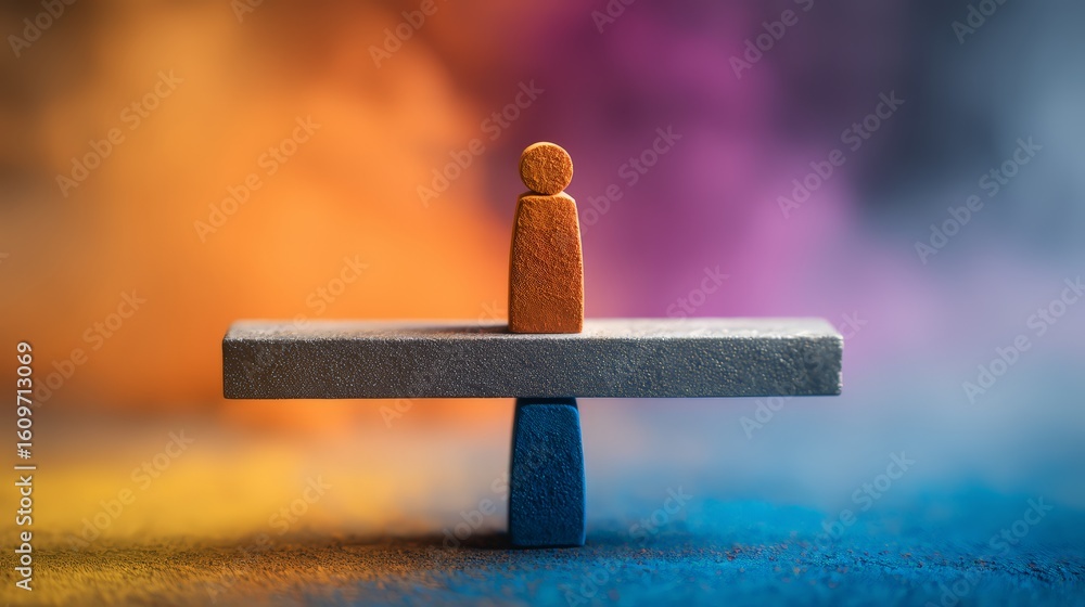 Poster a composition representing balance and instability in a colorful, abstract environment.