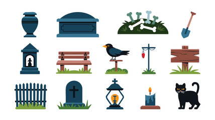 Halloween Icons Cemetery Grave Cat Crow and More Graphics