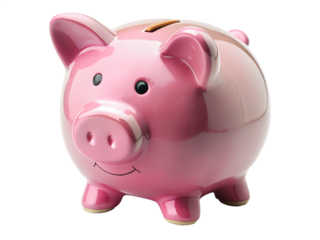 A cute pink piggy bank with a coin slot on a transparent background