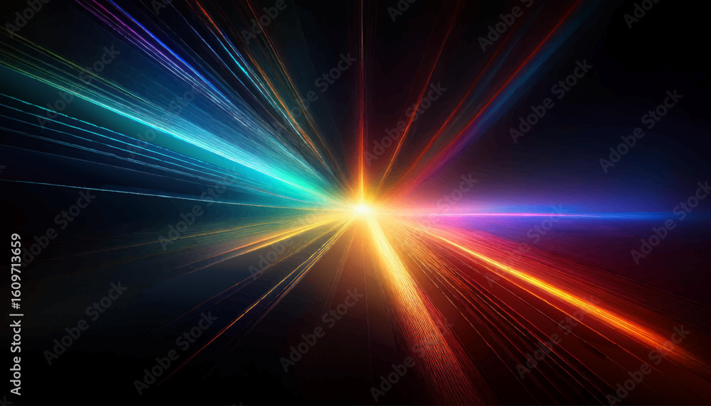 Poster abstract image of colorful light beams at a central point on a dark background. illustration of high