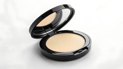 A compact makeup powder with a black case and mirror is open on a white surface.