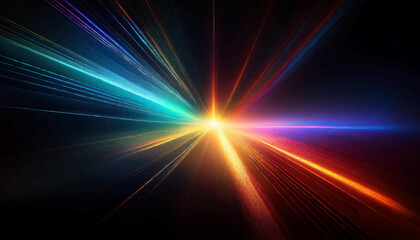 Abstract image of colorful light beams at a central point on a dark background. Illustration of high speed concept. Motion light effect for banners curved light trail stretched fast speed car.