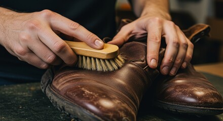 Hands Polishing Brown Leather Boots with a Brush