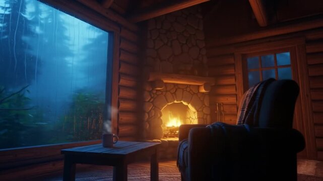 Cozy Cabin Retreat: Relaxing Ambience with Fireplace and Rainy Forest View through Window