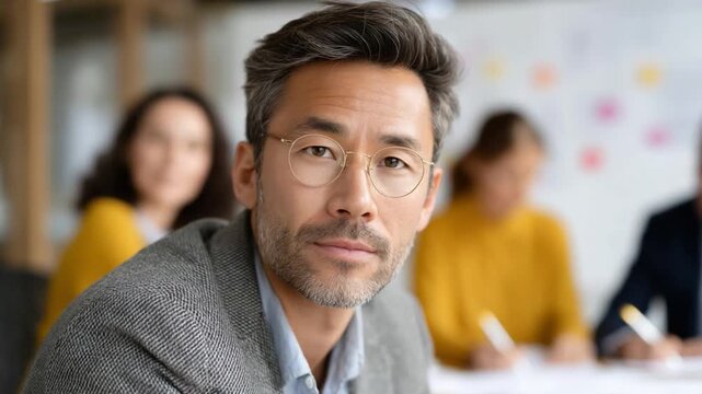 Thoughtful Professional in a Dynamic Business Setting: A poised, focused man, exuding confidence, his gaze meeting the viewer, with a subtle backdrop of colleagues. 