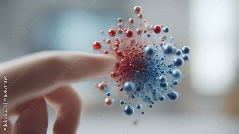 Poster a hand reaching out to touch a colorful representation of molecular structures.