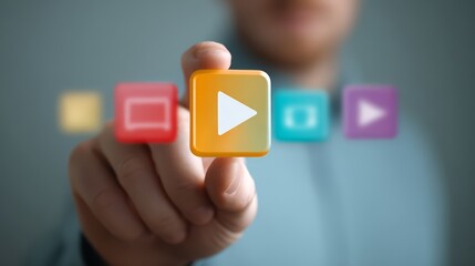 A hand interacts with colorful media buttons, showcasing digital entertainment options.