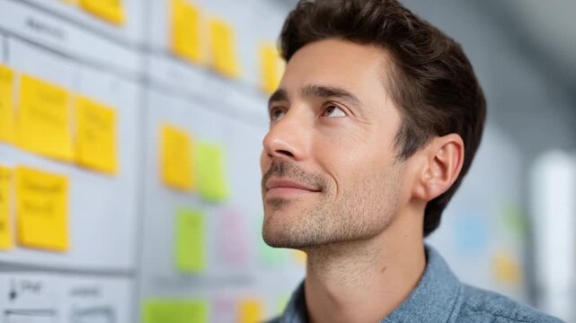 Focused Strategy: An astute professional, absorbed in a creative design process, thoughtfully considers strategic planning alongside his project's concept boards.