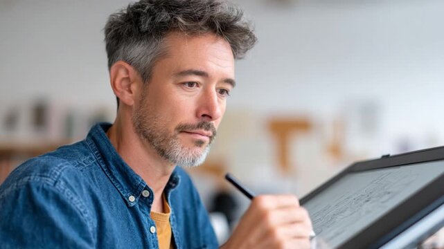 Artistic Contemplation: A focused artist, deeply engaged in creative work, meticulously draws on a digital tablet, his gaze fixed with intent.