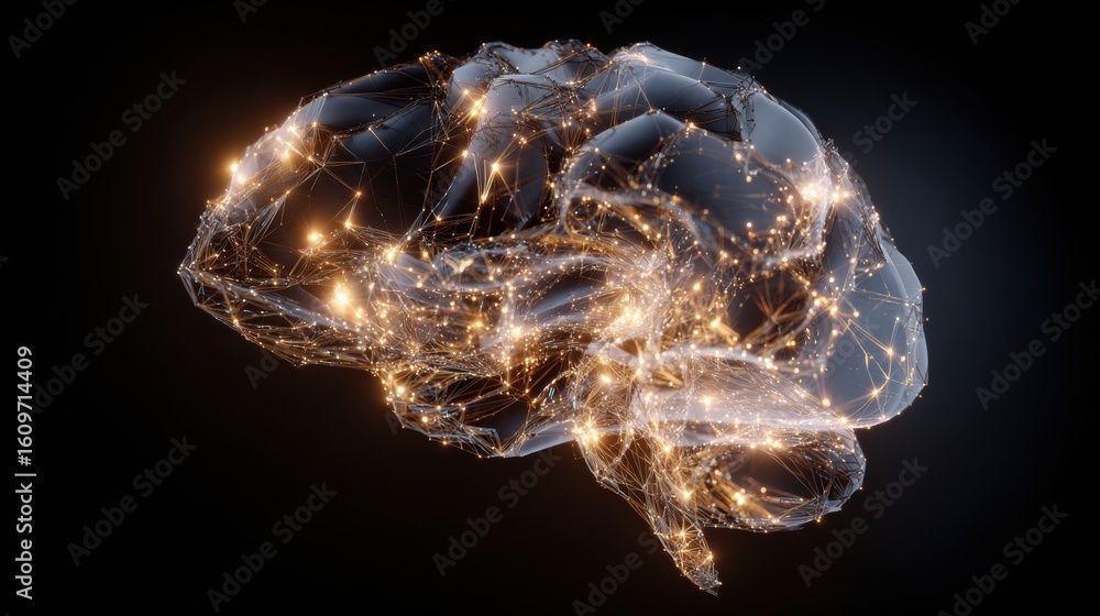 Poster tangled wires and glowing leds form a brain against a dark background creating an abstract represent