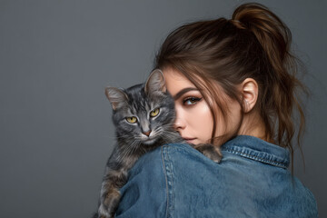 Young woman with brown hair in ponytail holding grey tabby cat on shoulder wearing denim jacket kitten