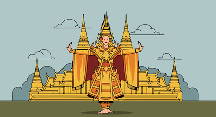 Obraz premium Decorative Vector SVG Illustration of Traditional Thai Mythical Character with Golden Elements in Flat Style for Cultural Design