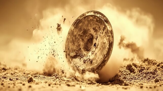 Discus Flying Through Sand Creating Dust in Dramatic Sunset Light - Powered by Adobe