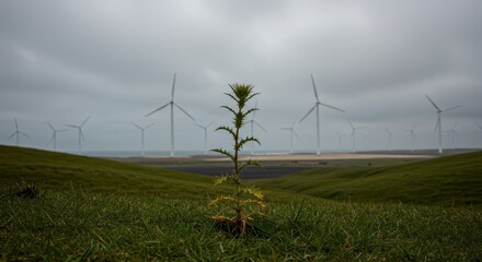 Resilient Thistle Stands Before Wind Farm Landscape