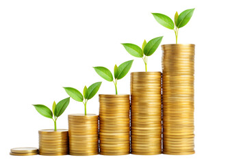 Stacks of gold coins with green plants growing from the top, symbolizing financial growth isolated on transparent background