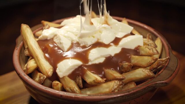 Delicious poutine being prepared with melted cheese and gravy on French fries in a bowl