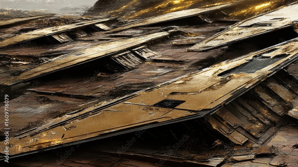 Poster futuristic landscape with metallic structures and textured surfaces