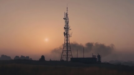 Communication Tower Silhouette Against Sunrise Sky Background