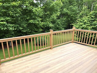 Fototapeta premium Wooden deck overlooks lush green backyard forest scene.