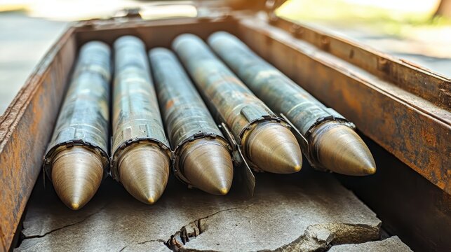 Rusty military shells stored in an old wooden crate outdoors