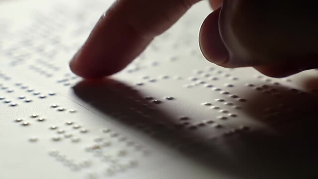 Finger reading Braille on a white page, light casting shadows, close-up detailed shot