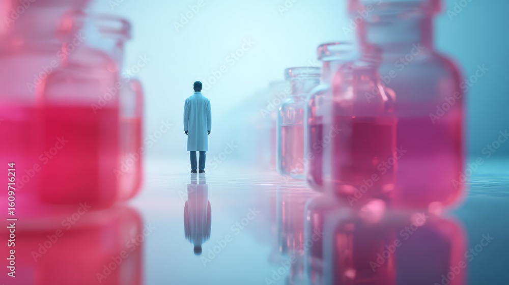 Poster a scientist in a lab surrounded by colorful liquid-filled vials, deep in thought.
