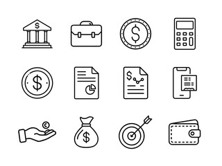 Business and Finance PNG Icon Set with Money, Investment, Strategy, Banking, Profit and Accounting Symbols