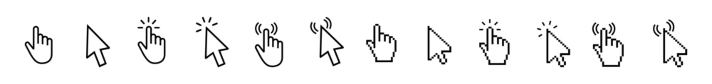 Computer mouse cursor icon set with arrow clicks, hand pointers, and loading animations for UI and web apps