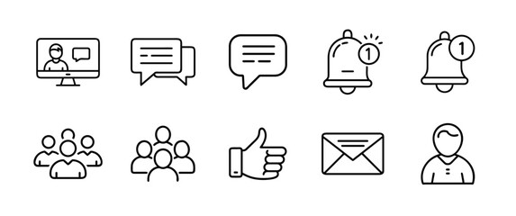 Social Media Communication PNG Icon Set with Chat, Message, Notification, Share, Comment, and Video Call Symbols