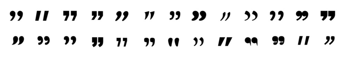 Quote marks and speech bubble icon set with black quotation symbols and inverted commas for design use