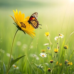 A vibrant butterfly perches gently on a blooming sunflower in a sunlit summer meadow. The soft-focus background of greenery and distant flowers adds depth and tranquility to the scene. A perfect image