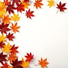 Vibrant autumn maple leaves in red, orange, and yellow creating a beautiful fall border on a white background with copy space