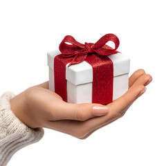 A wrapped Christmas gift box with bow on a hand. isolated on transparent background. 