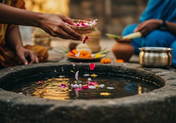 Fototapeta premium Floral Offering into Stone Basin during Traditional Ceremony