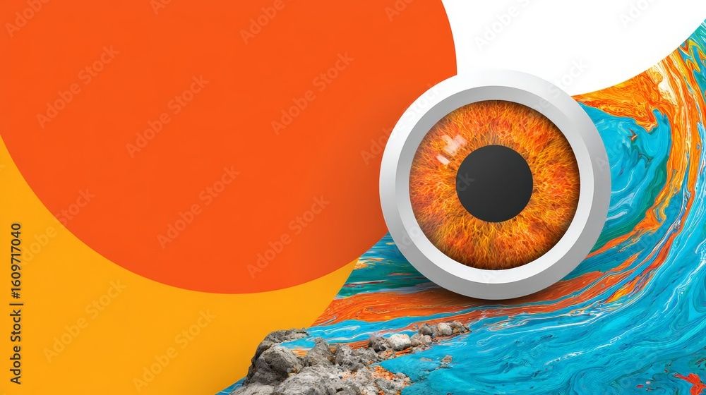 Poster a vibrant abstract representation of an eye and colorful waves in a dynamic composition.
