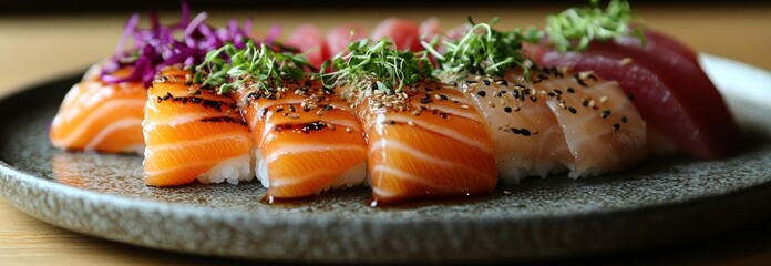 Sushi nigiri with salmon and tuna topped with sprouts and sesame seeds