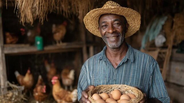 African American man wearing straw hat holds basket of fresh eggs in rustic barn, surrounded by chickens, showcasing farm life and agricultural practices