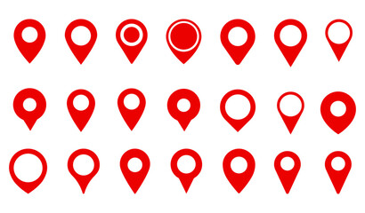 Modern location map pin icon set with destination markers, pinpoint symbols, and navigation elements