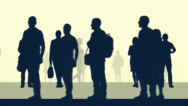 Silhouettes of people waiting, stark lighting, dark blue figures on muted yellow background