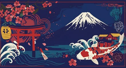 Japanese Landscape with Koi Fish, Torii Gate, and Mount Fuji
