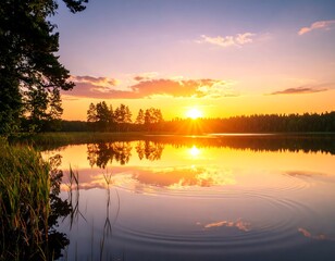 Obraz premium Serene sunset over a still lake, framed by silhouettes of trees