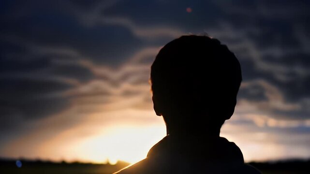 Silhouette of a person facing away against a sunset sky with wispy clouds