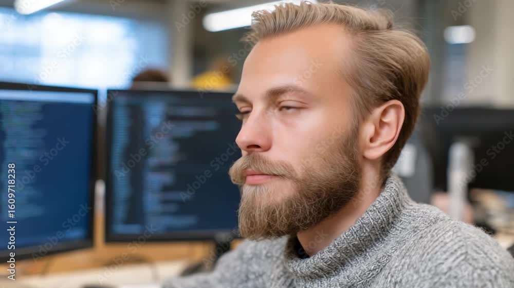 Poster focused software engineer: a determined software engineer with a full beard intently focuses on his 