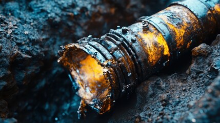 Obraz premium Rusty Pipeline Section in an Excavated Ground Environment
