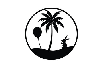 Sunset Scene with Palm Tree Rabbit Holding Balloons and Colorful Sky